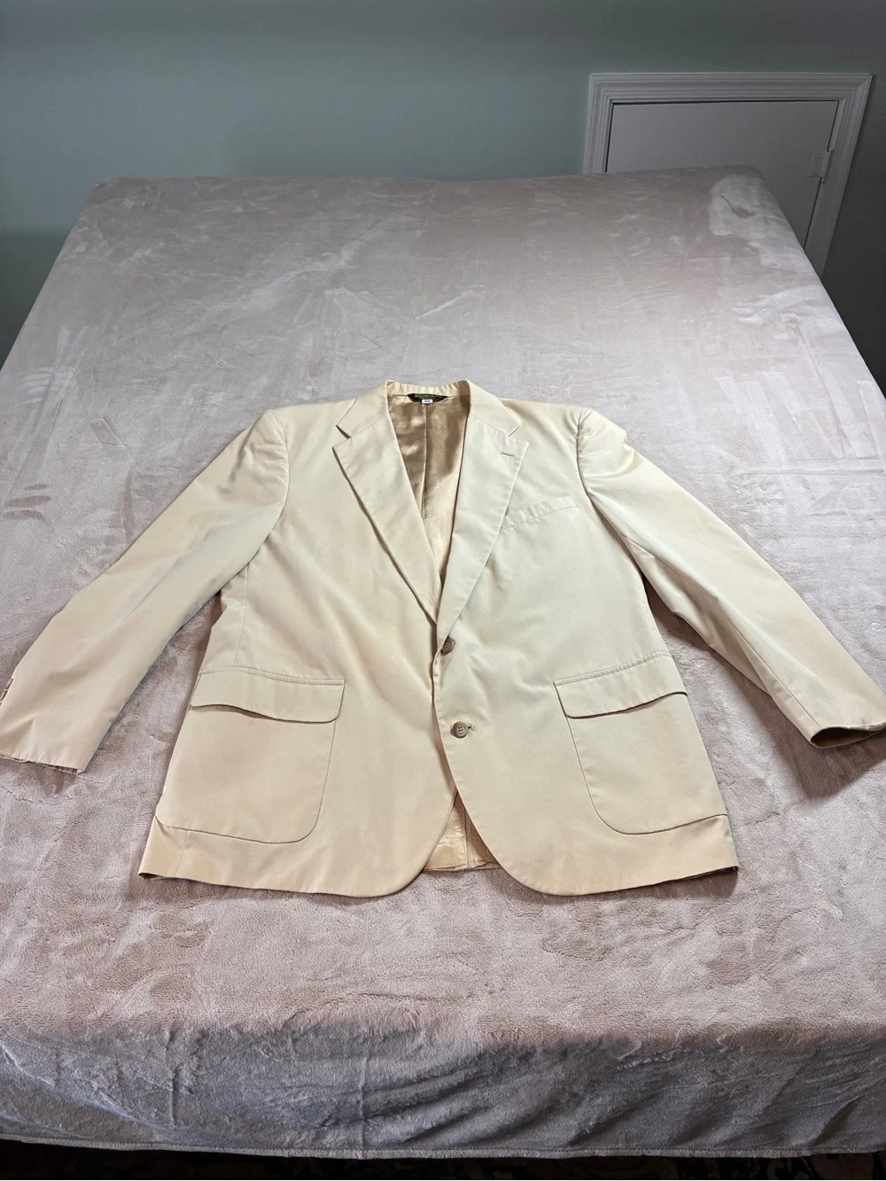 Vintage LL Bean Mens Sport Coat Blazer 48L Khaki Combed Cotton Made In USA Flaws